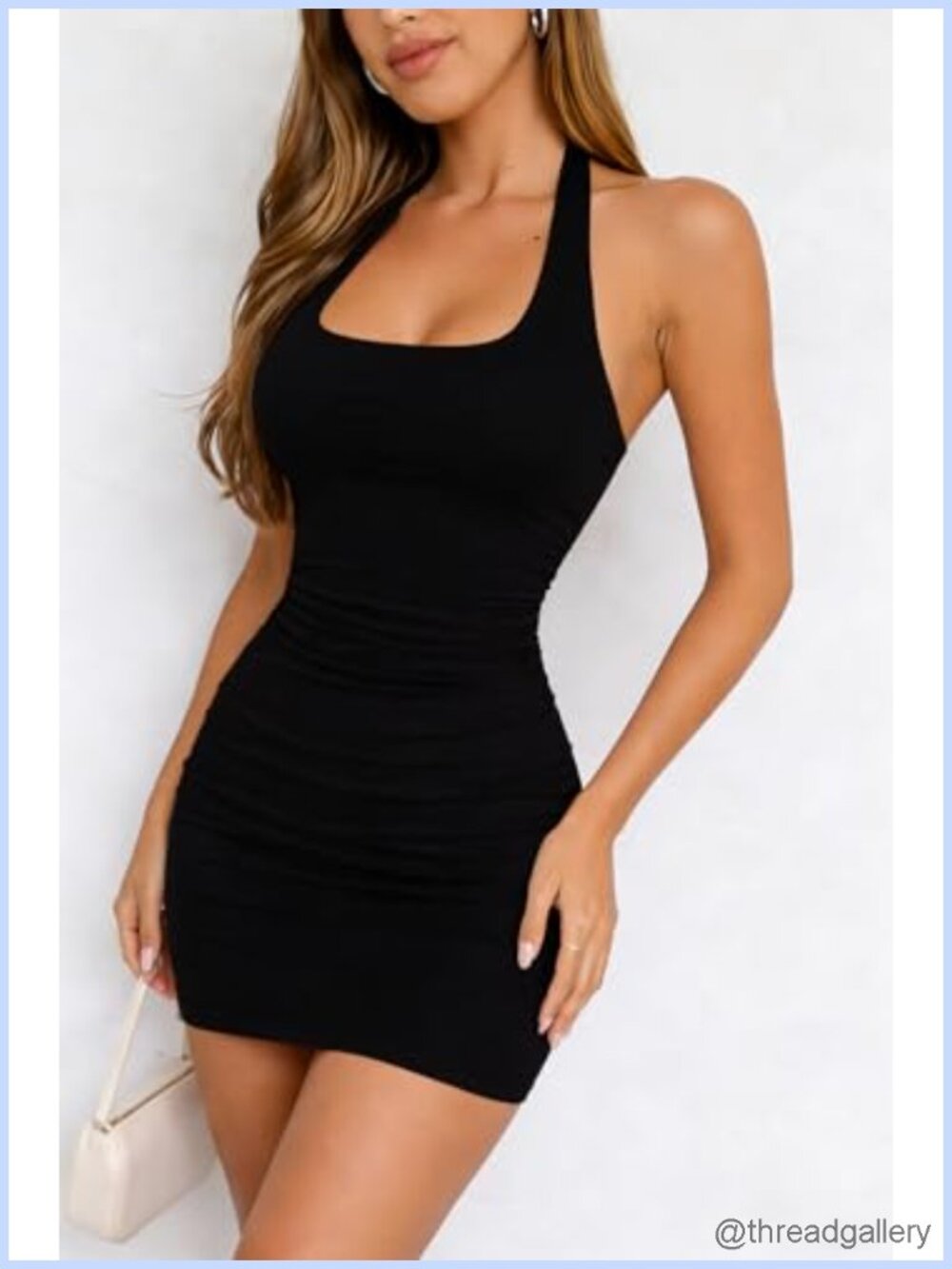ForeFair Halter Neck Backless Ruched Mini Bodycon Dress Modal Spandex - Picture 2 of 4